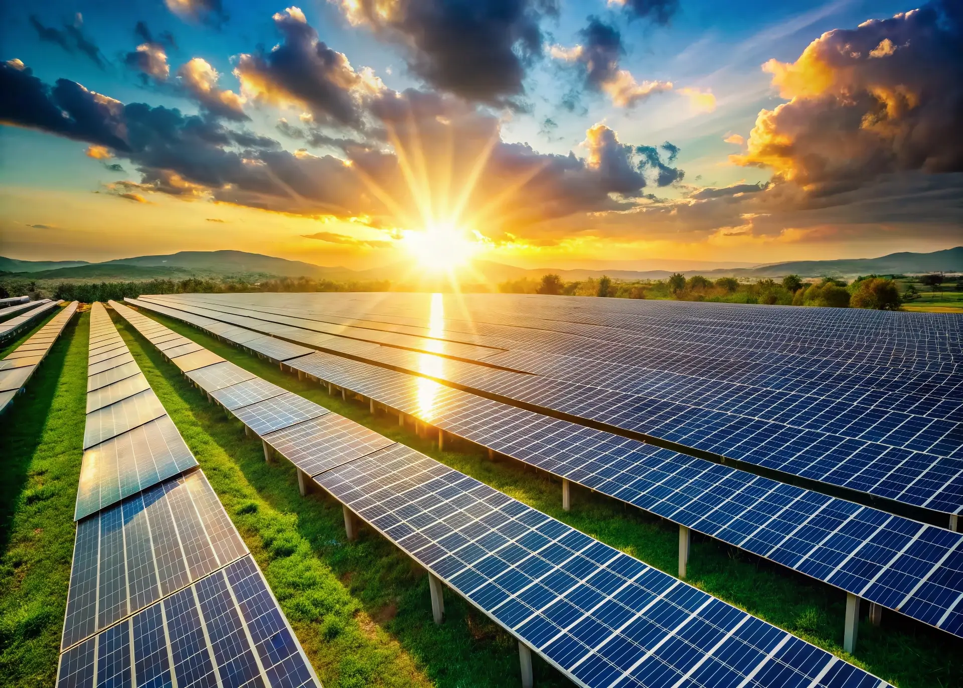 Ground mount solar at sunset